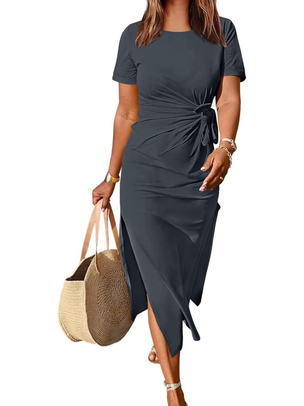 New W Tags Twist & Tie Front Dark Grey Striped Midi Dress Size M  Flattering